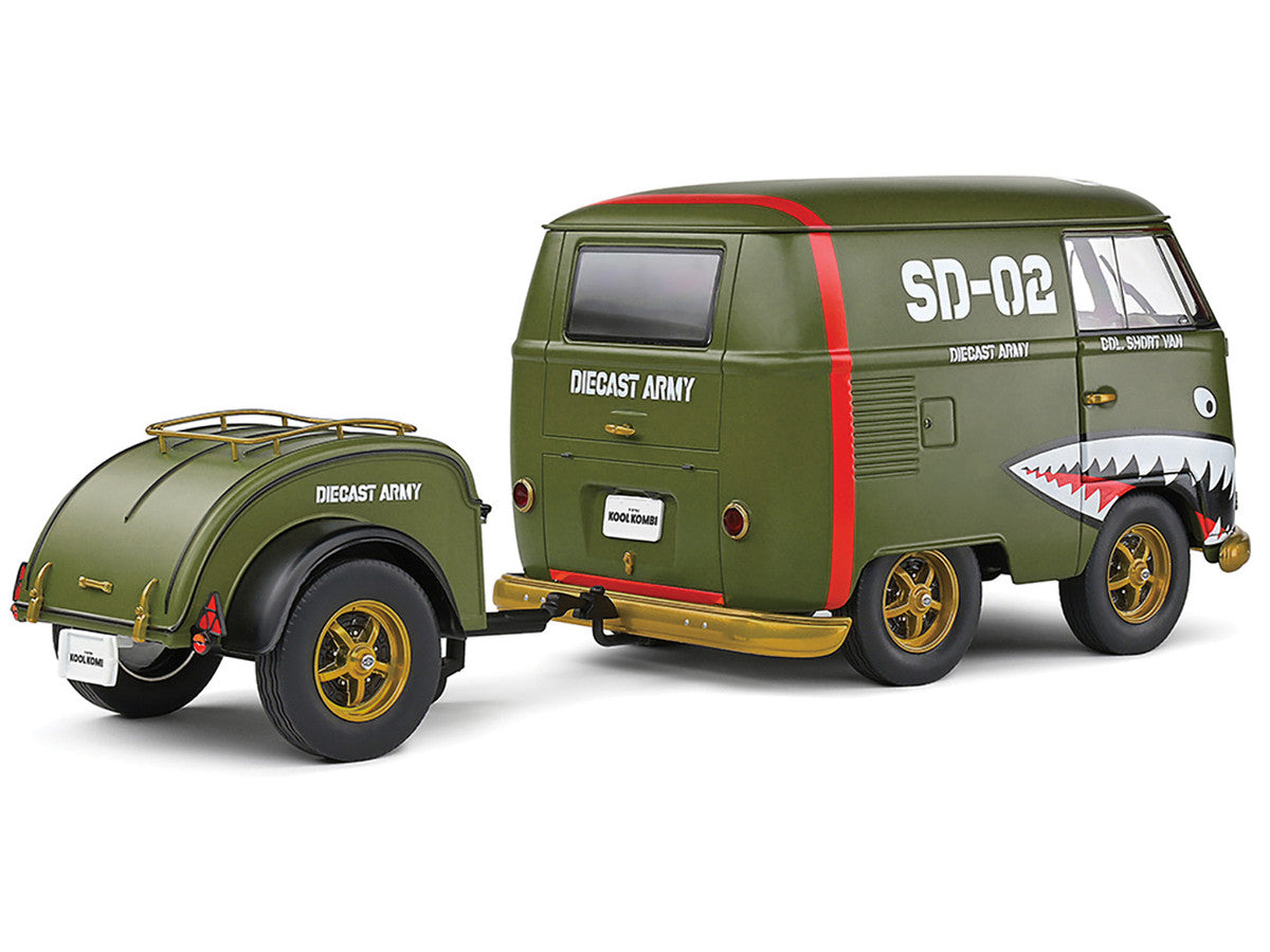 1950 Volkswagen Kool Kombi Van with Trailer "Army Fighter" Green with Graphics 1/18 Diecast Model Car by Solido LuxuryLifeWay Online Store