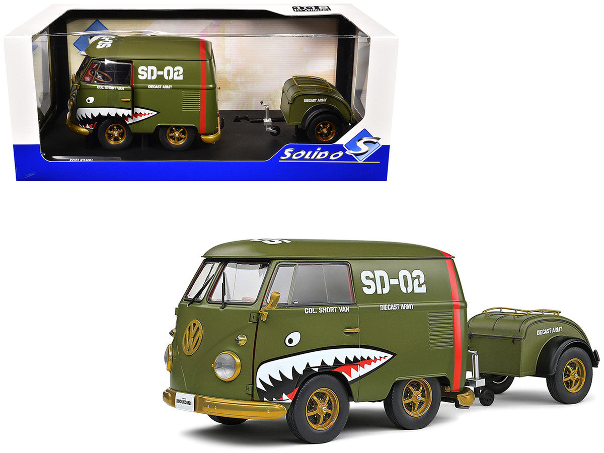 1950 Volkswagen Kool Kombi Van with Trailer "Army Fighter" Green with Graphics 1/18 Diecast Model Car by Solido LuxuryLifeWay Online Store