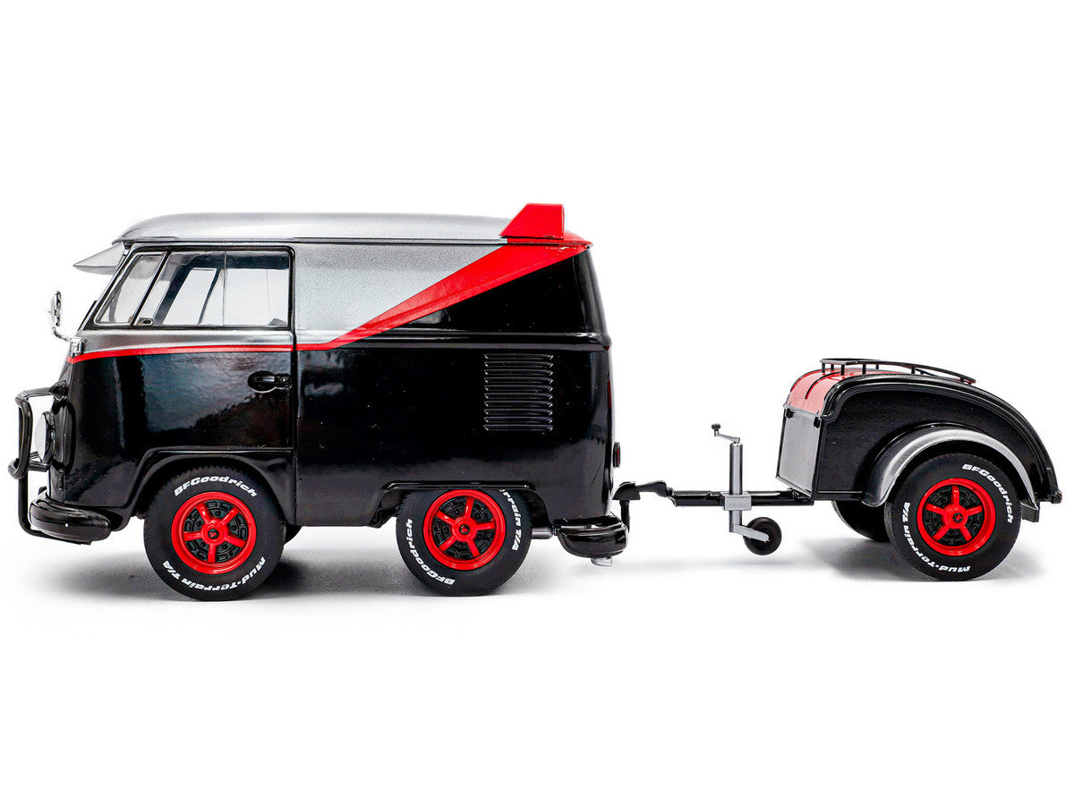 2024 Volkswagen Kool Kombi Sport Van with Trailer Black and Silver with Red Stripe 1/18 Diecast Model Car by Solido LuxuryLifeWay Online Store