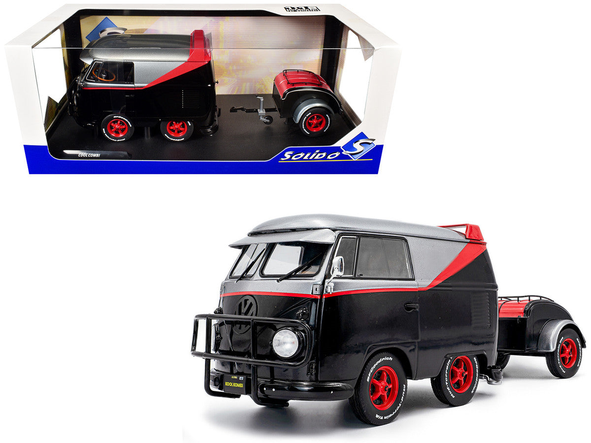 2024 Volkswagen Kool Kombi Sport Van with Trailer Black and Silver with Red Stripe 1/18 Diecast Model Car by Solido LuxuryLifeWay Online Store