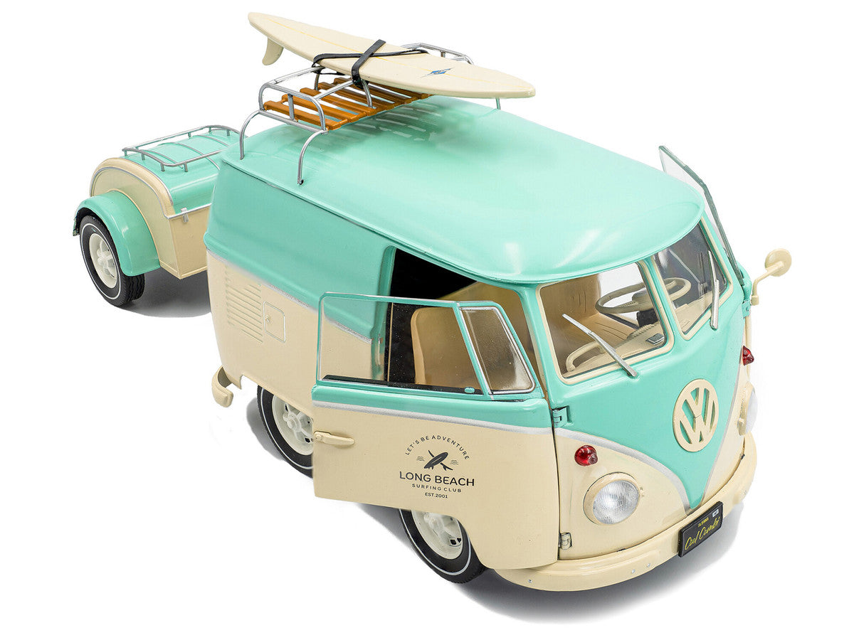 2024 Volkswagen Cool Combi Van with Trailer "Long Beach Surfing Club" Mint Green and Cream with Roof Rack and Surfboard 1/18 Diecast Model Car by Solido LuxuryLifeWay Online Store