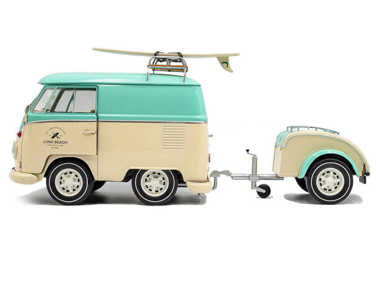 2024 Volkswagen Cool Combi Van with Trailer "Long Beach Surfing Club" Mint Green and Cream with Roof Rack and Surfboard 1/18 Diecast Model Car by Solido LuxuryLifeWay Online Store