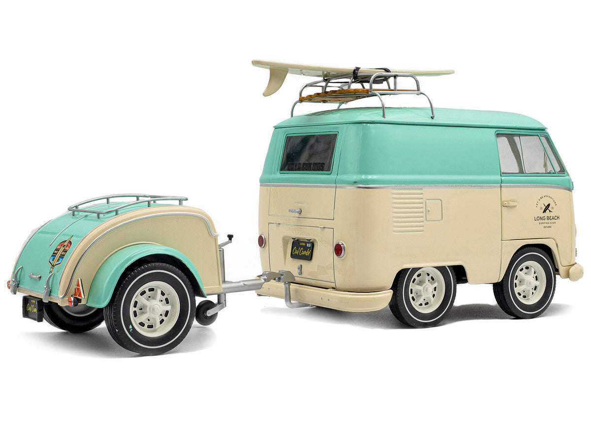 2024 Volkswagen Cool Combi Van with Trailer "Long Beach Surfing Club" Mint Green and Cream with Roof Rack and Surfboard 1/18 Diecast Model Car by Solido LuxuryLifeWay Online Store