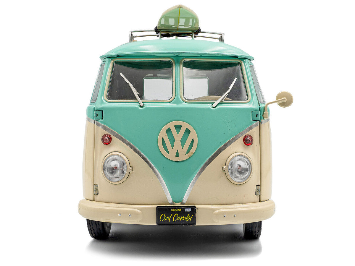 2024 Volkswagen Cool Combi Van with Trailer "Long Beach Surfing Club" Mint Green and Cream with Roof Rack and Surfboard 1/18 Diecast Model Car by Solido LuxuryLifeWay Online Store