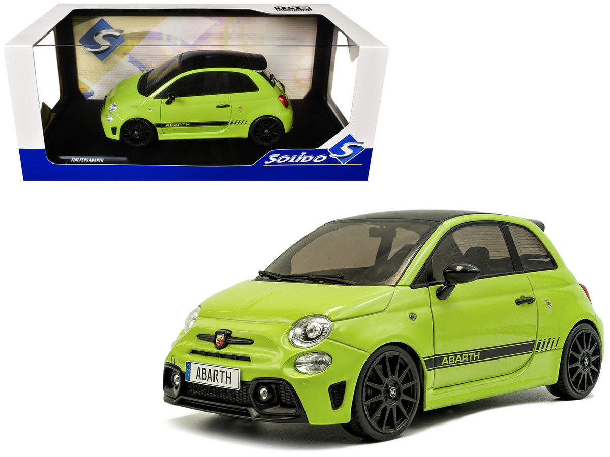 2023 Fiat F595 Abarth Verde Adrenalina Green with Black Top and Stripes 1/18 Diecast Model Car by Solido LuxuryLifeWay Online Store