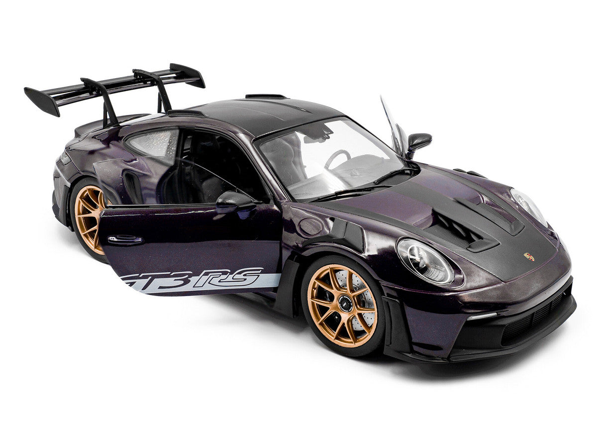 2024 Porsche 911 GT3 RS Weissach Package Viola Purple Metallic with Carbon Hood Stripes and Top 1/18 Diecast Model Car by Solido LuxuryLifeWay Online Store