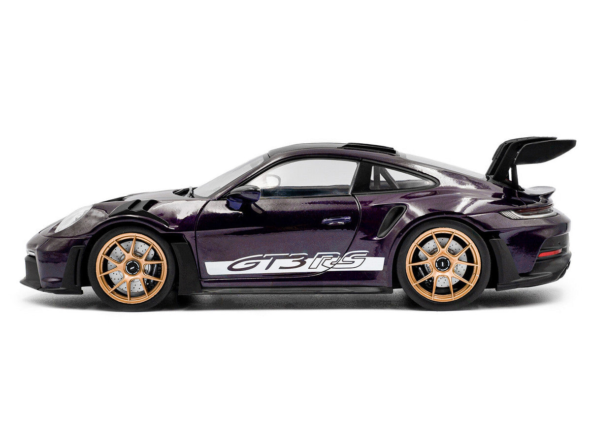2024 Porsche 911 GT3 RS Weissach Package Viola Purple Metallic with Carbon Hood Stripes and Top 1/18 Diecast Model Car by Solido LuxuryLifeWay Online Store