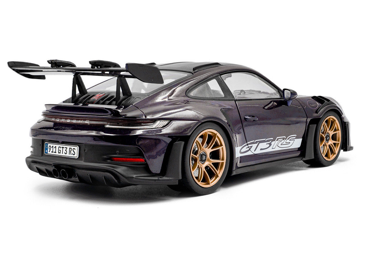 2024 Porsche 911 GT3 RS Weissach Package Viola Purple Metallic with Carbon Hood Stripes and Top 1/18 Diecast Model Car by Solido LuxuryLifeWay Online Store