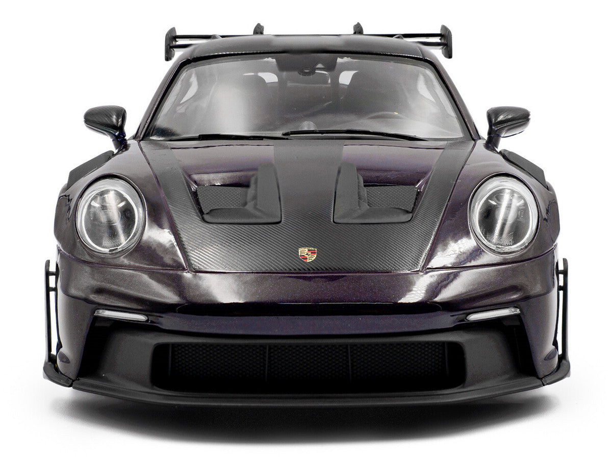 2024 Porsche 911 GT3 RS Weissach Package Viola Purple Metallic with Carbon Hood Stripes and Top 1/18 Diecast Model Car by Solido LuxuryLifeWay Online Store