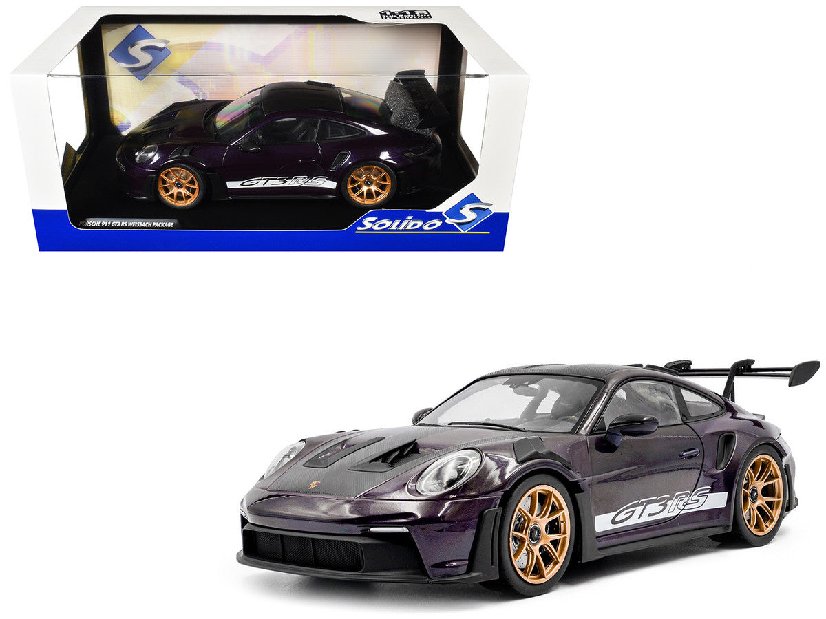 2024 Porsche 911 GT3 RS Weissach Package Viola Purple Metallic with Carbon Hood Stripes and Top 1/18 Diecast Model Car by Solido LuxuryLifeWay Online Store