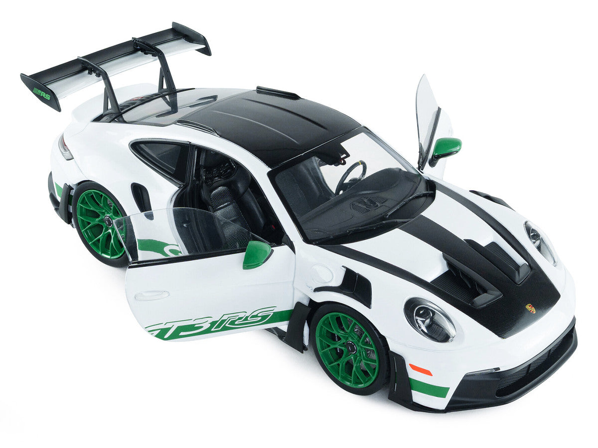 2024 Porsche 911 GT3 RS "Tribute to Carrera RS Package" White with Carbon Hood Stripes and Top and Green Side Stripes and Wheels 1/18 Diecast Model Car by Solido LuxuryLifeWay Online Store