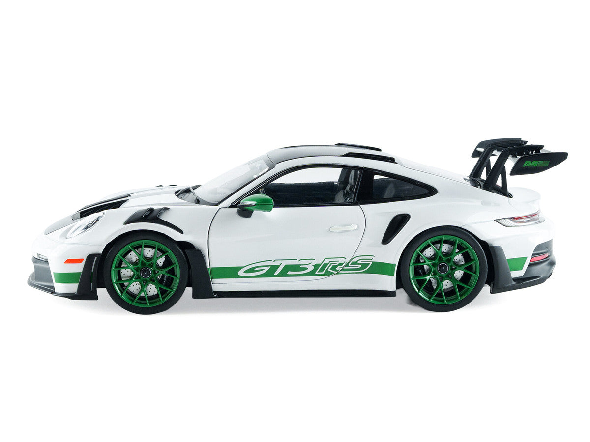2024 Porsche 911 GT3 RS "Tribute to Carrera RS Package" White with Carbon Hood Stripes and Top and Green Side Stripes and Wheels 1/18 Diecast Model Car by Solido LuxuryLifeWay Online Store