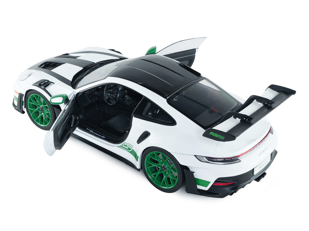2024 Porsche 911 GT3 RS "Tribute to Carrera RS Package" White with Carbon Hood Stripes and Top and Green Side Stripes and Wheels 1/18 Diecast Model Car by Solido LuxuryLifeWay Online Store