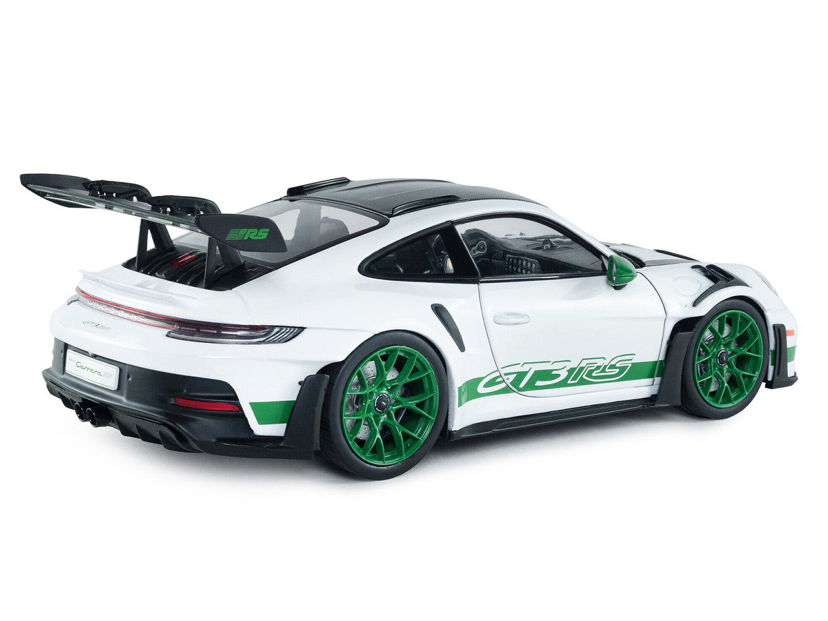 2024 Porsche 911 GT3 RS "Tribute to Carrera RS Package" White with Carbon Hood Stripes and Top and Green Side Stripes and Wheels 1/18 Diecast Model Car by Solido LuxuryLifeWay Online Store