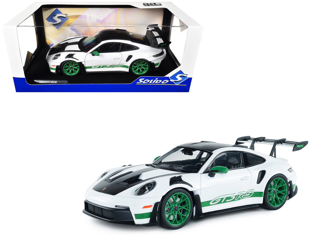 2024 Porsche 911 GT3 RS "Tribute to Carrera RS Package" White with Carbon Hood Stripes and Top and Green Side Stripes and Wheels 1/18 Diecast Model Car by Solido LuxuryLifeWay Online Store