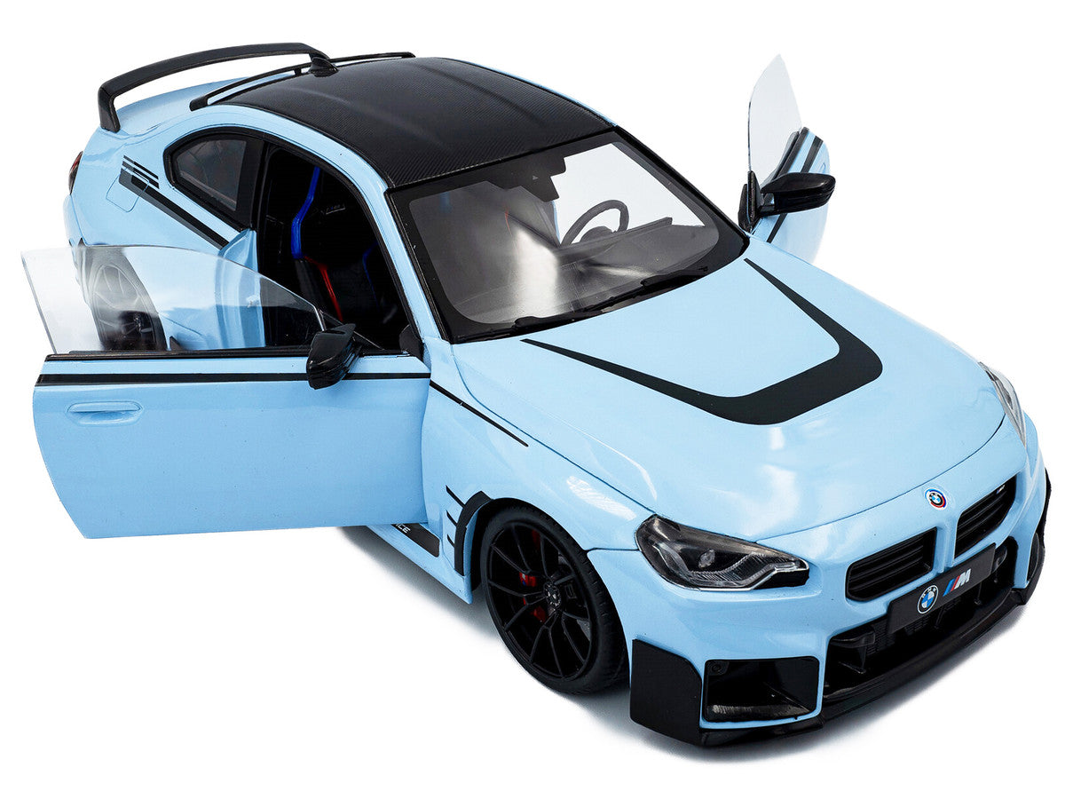 2024 BMW M2 Performance Parts Zandvoort Blue with Carbon Top and Black Stripes 1/18 Diecast Model Car by Solido LuxuryLifeWay Online Store
