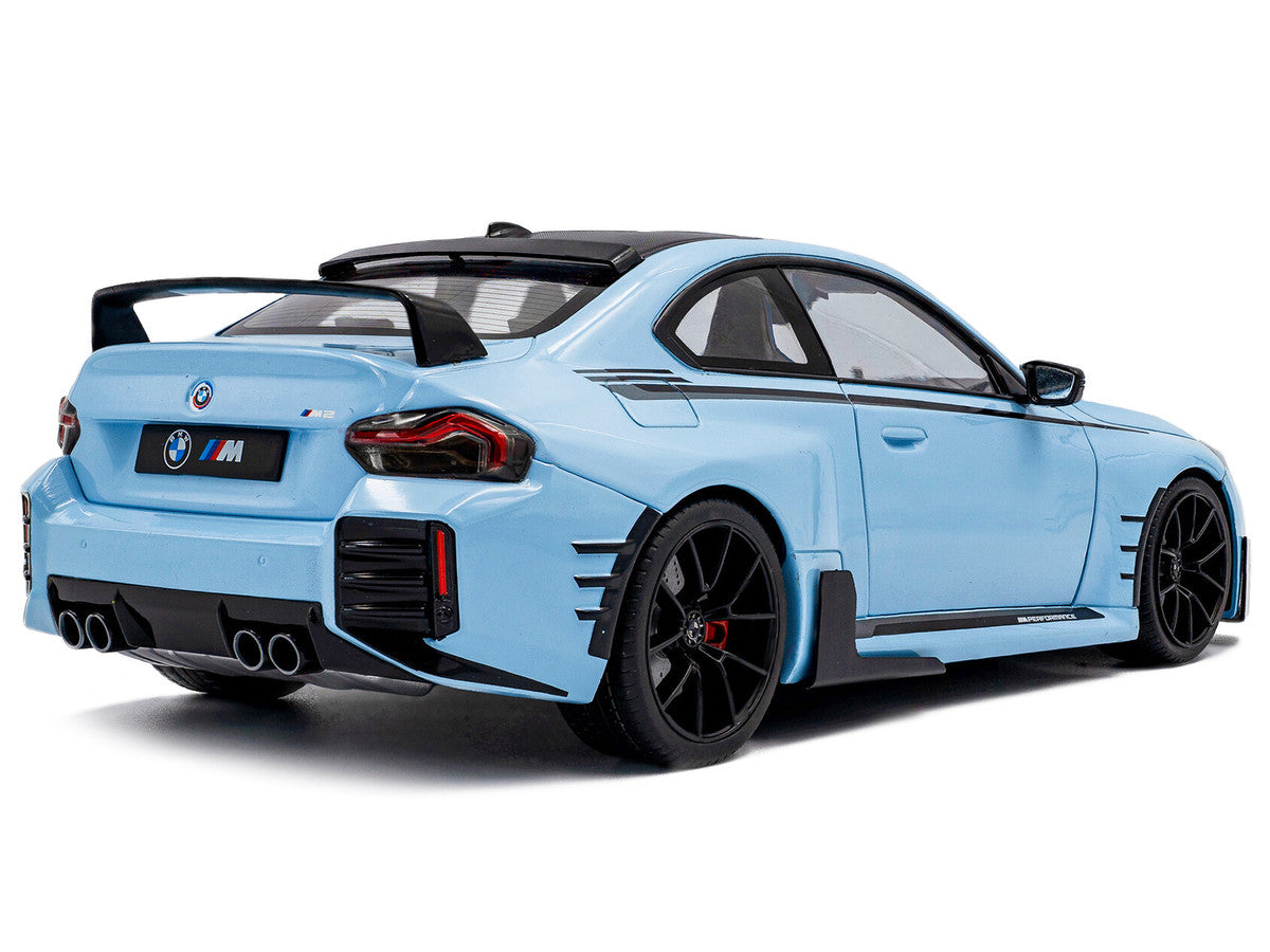 2024 BMW M2 Performance Parts Zandvoort Blue with Carbon Top and Black Stripes 1/18 Diecast Model Car by Solido LuxuryLifeWay Online Store