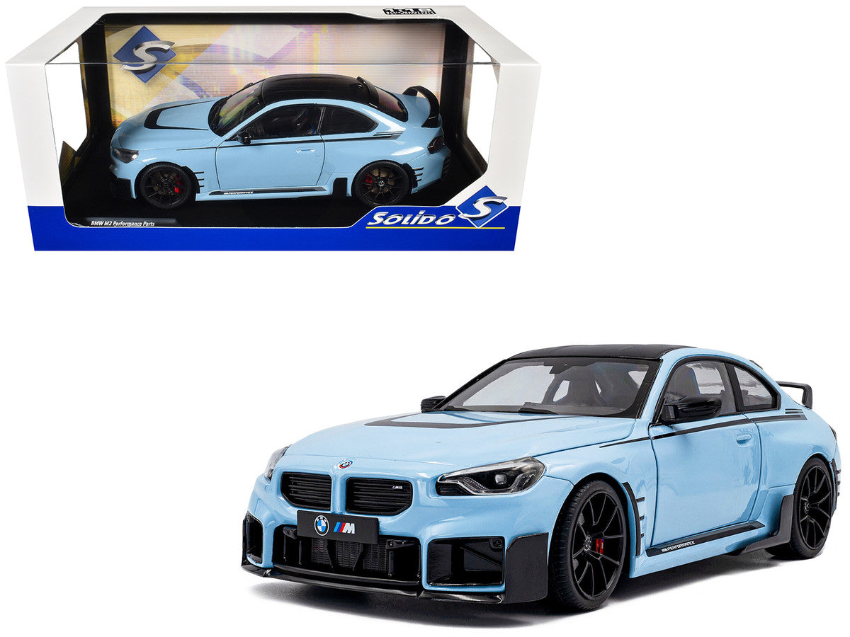 2024 BMW M2 Performance Parts Zandvoort Blue with Carbon Top and Black Stripes 1/18 Diecast Model Car by Solido LuxuryLifeWay Online Store