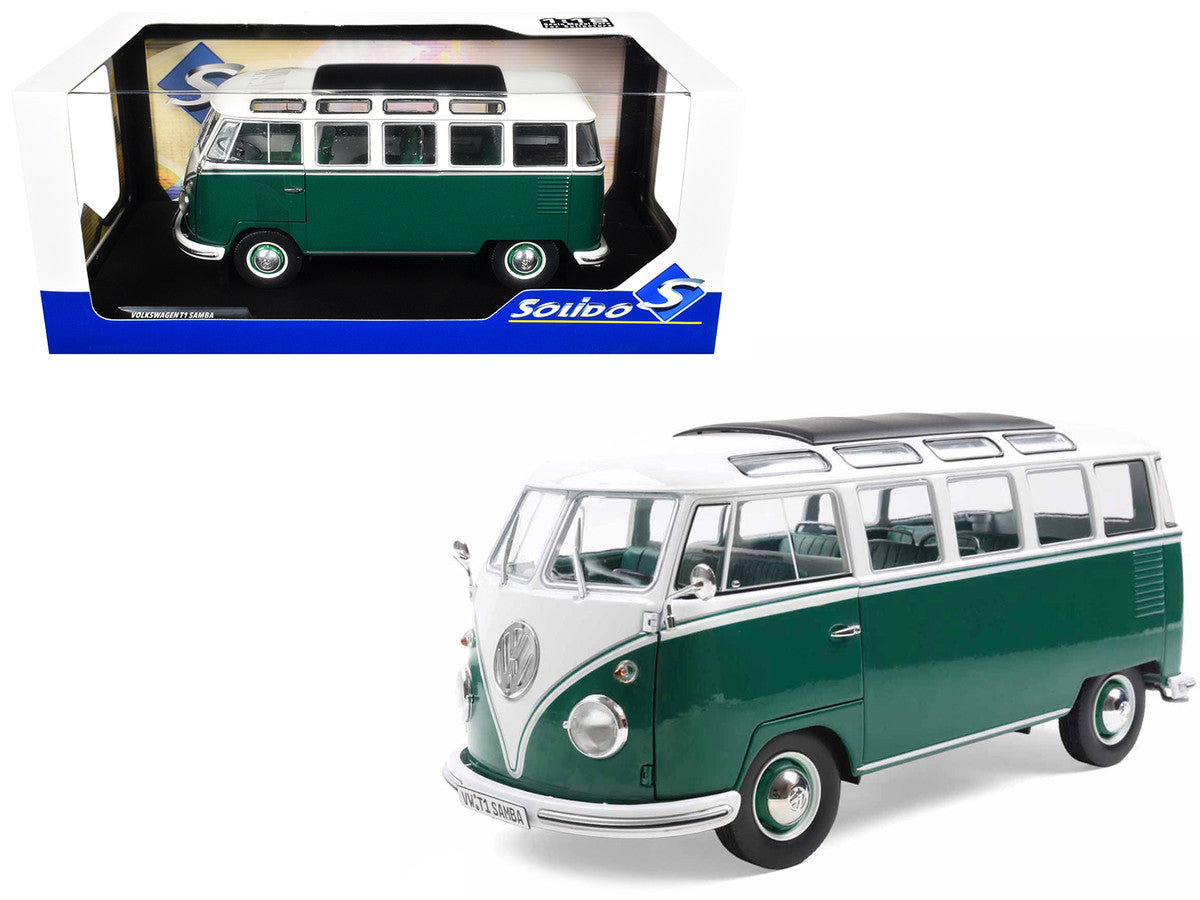 1962 Volkswagen T1 Samba Bus Green and White 1/18 Diecast Model Car by Solido LuxuryLifeWay Online Store