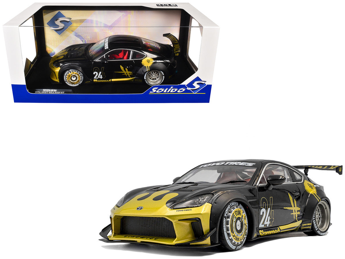 2024 Toyota GR86 Liberty Walk Body Kit RHD (Right Hand Drive) #24 Black with Gold Graphics 1/18 Diecast Model Car by Solido LuxuryLifeWay Online Store