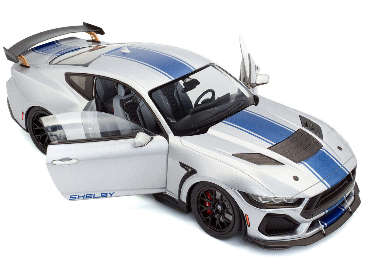 2024 Ford Shelby Mustang Super Snake Gray Metallic with Blue Stripes 1/18 Diecast Model Car by Solido LuxuryLifeWay Online Store