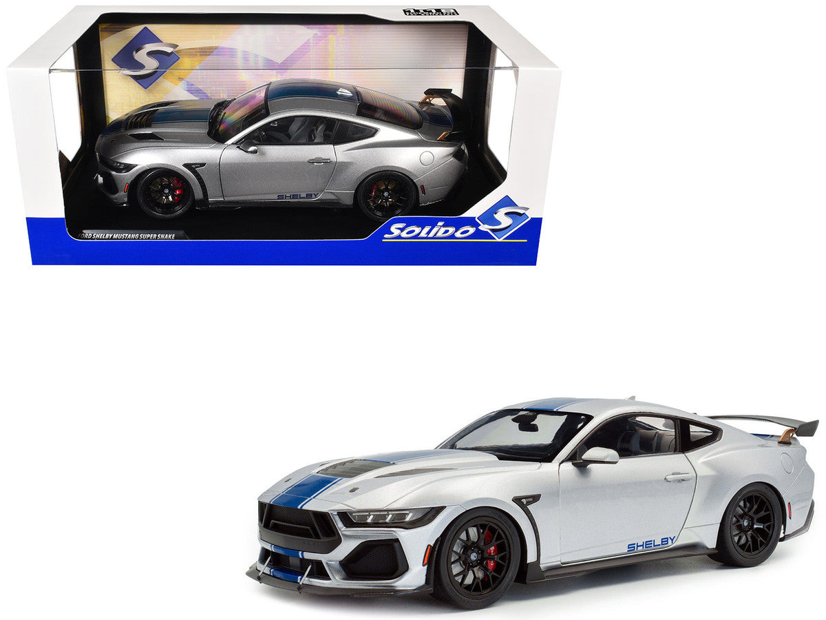 2024 Ford Shelby Mustang Super Snake Gray Metallic with Blue Stripes 1/18 Diecast Model Car by Solido LuxuryLifeWay Online Store