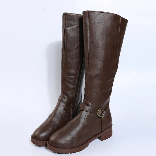 Vintage Brown Women Knee High Boots Big Size Low Heels Platform Long Boots Autumn Winter Pu Leather  Women Warm Booties LadyShow.Store