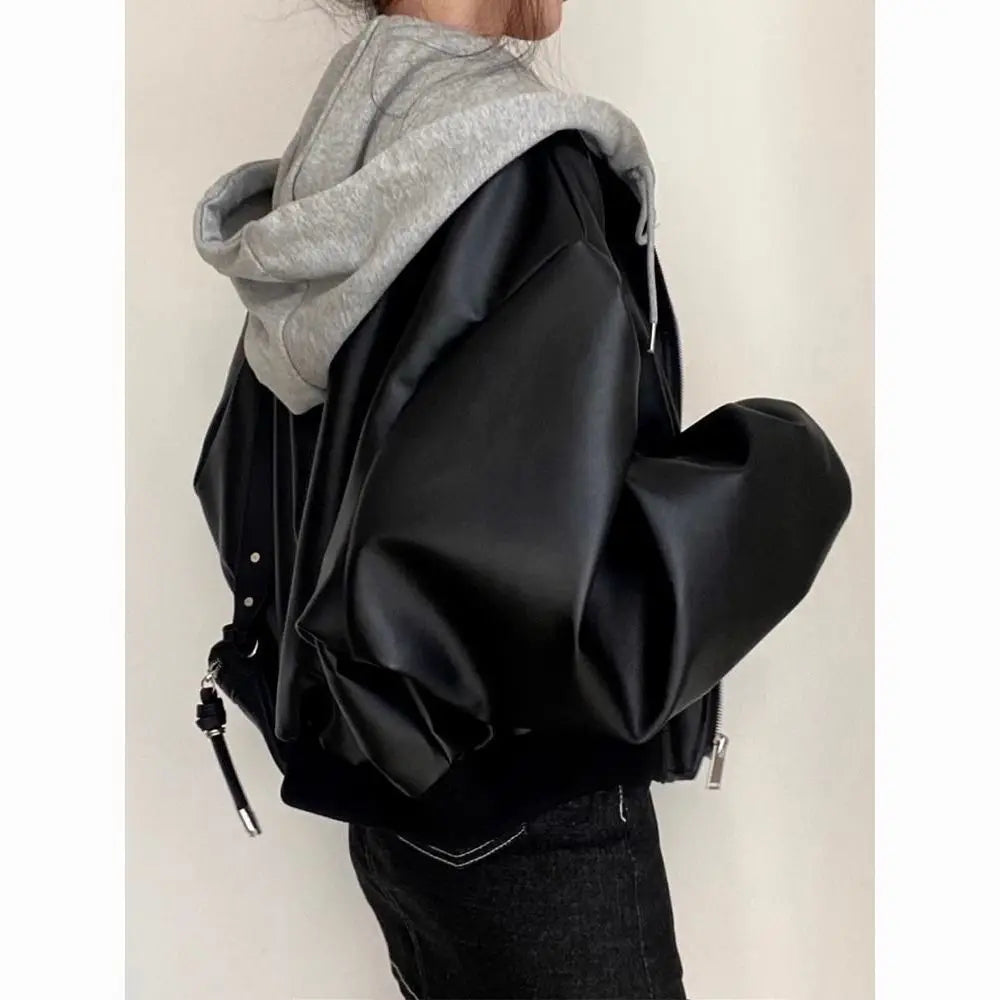 Korean High-end Black PU Leather Jacket Women Fashion Hooded Loose Spring Autumn Zipper Fake Two-Piece Versatile Outerwear LadyShow.Store