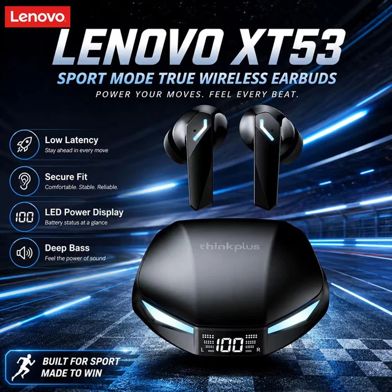 Lenovo XT53 Gaming Headset LED Digital Display Wireless Sport Earbuds HD Call Low Latency Headphones Waterproof GM2 Pro Upgraded Pi-Mart