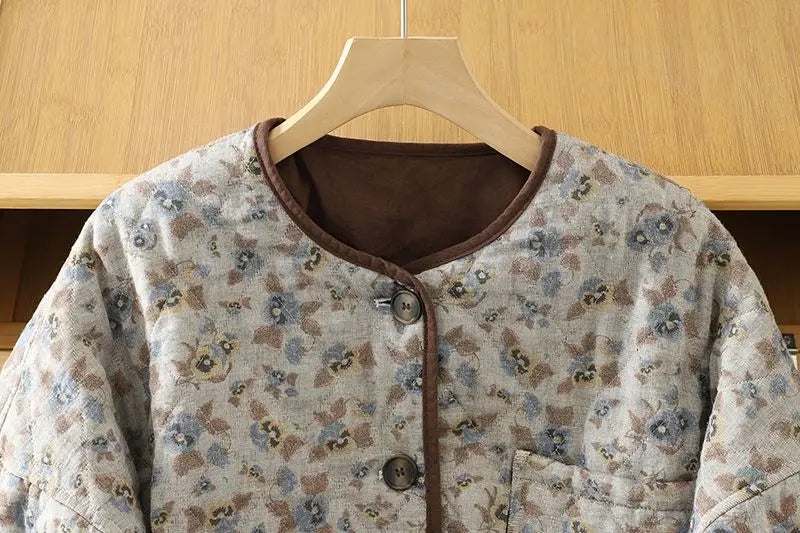 Korean Style Retro Floral Cotton Jacket For Women's Autumn Spring 2026 Fashion,Warm Round Neck Short Quilted Top w1519 Pi-Mart