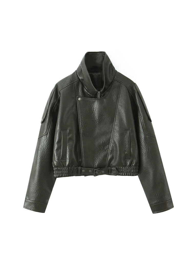 Ailegogo New Women Vintage Loose Black Short Faux Leather Jacket Streetwear Female Zipper Belt Coat Outwear LadyShow.Store