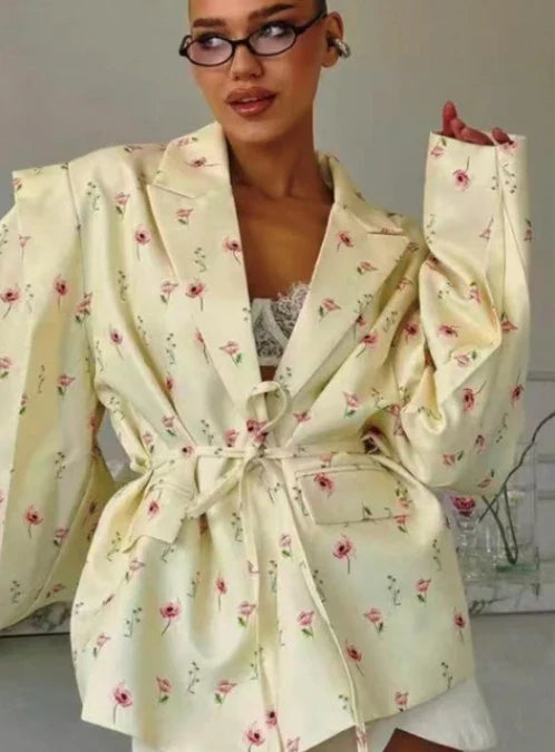 Chic Oversize Floral Printed Women Jacket Padded Lapel Lace Up Loose Coat Long Sleeve High Waist Outwears 2025 Lady Streetwear LadyShow.Store
