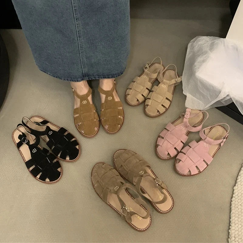 DIMANYU Women's Roman Sandals 2026 Summer New Flat Retro Real Leather Ladies Sandals Hollowed Women's Cage Shoes LadyShow.Store