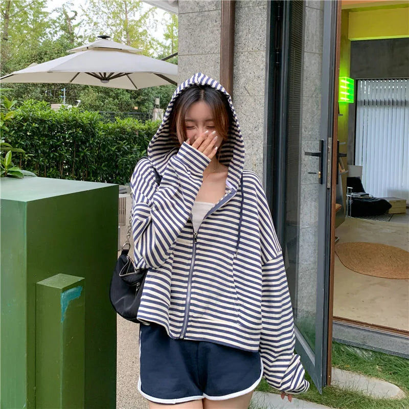 2000S American Vintage Striped Loose Long Sleeve Hooded Sweatshirt Y2k Subculture Casual Zip Up Hooded Cardigan Harajuku Coats LadyShow.Store
