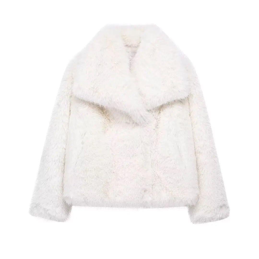HH Women Fashion Cropped Faux Fur Jacket Coat Long Sleeve Front Snap-button Female Outerwear Chic Lapel Collar Thick Coat LadyShow.Store