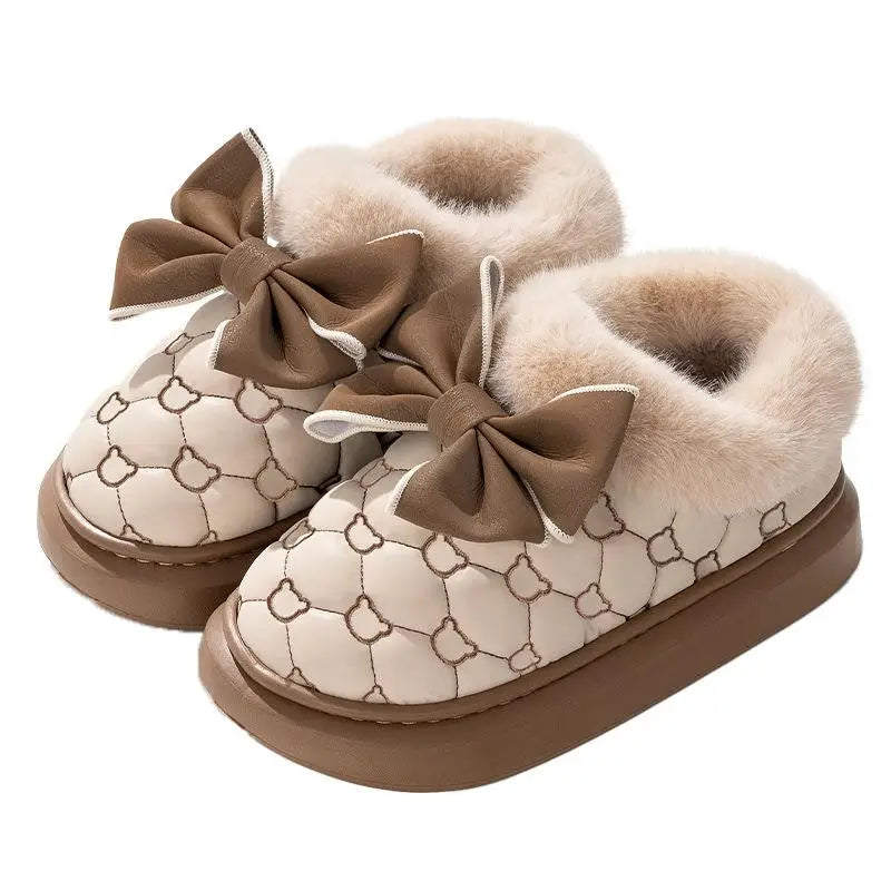Platform Ankle Boots Female Bowknot Designer Winter Snow Booties Indoor Fluffy Slippers Women House Flats Fashion Footwear Warm LadyShow.Store