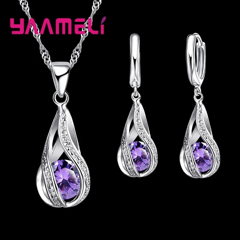 Hot Water Drop CZ 925 Sterling Silver Plated Jewelry Set For Women Pendant Necklace Hoop Earrings Wedding Party Ceremoey Anel Pi-Mart