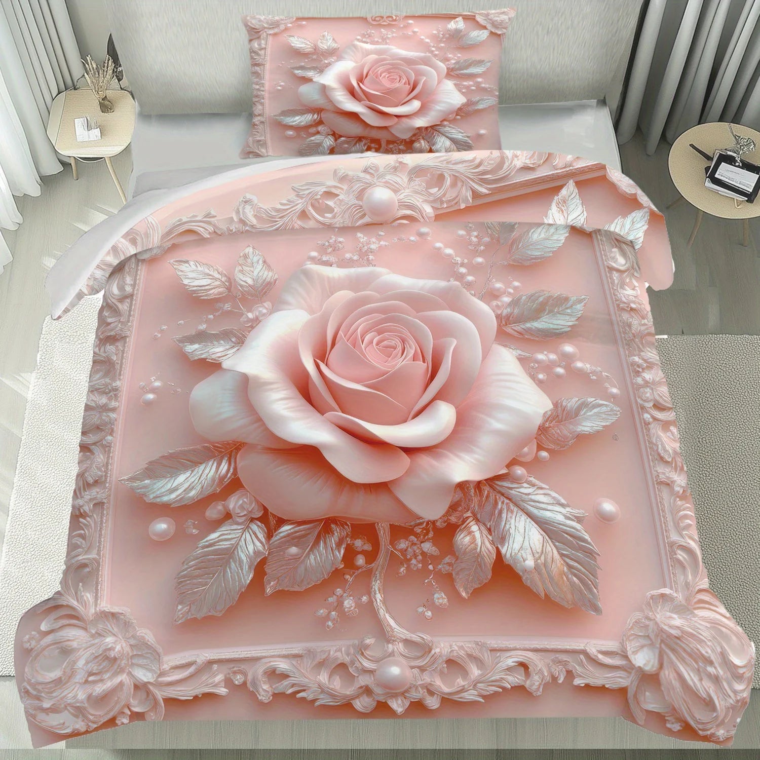 Latacaca 2/3Pcs Pink Rose Duvet Cover Set, Soft Comfortable Floral Bedding with Pillowcases, Machine Washable Queen King Size Pi-Mart