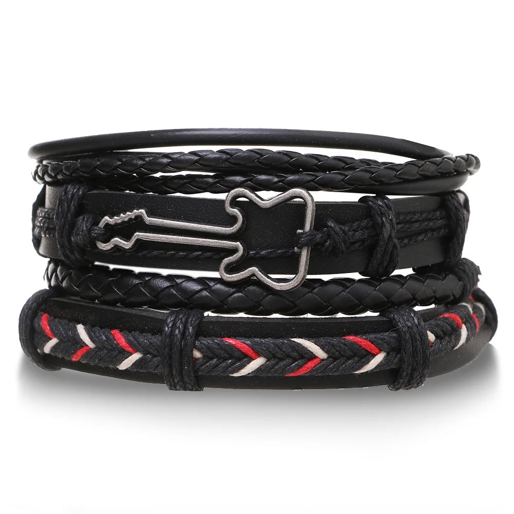 4Pcs/ Set Braided Wrap Leather Bracelets for Men Vintage Life Tree Rudder Charm Wood Beads Ethnic Tribal Wristband Rope Bracelet Pi-Mart