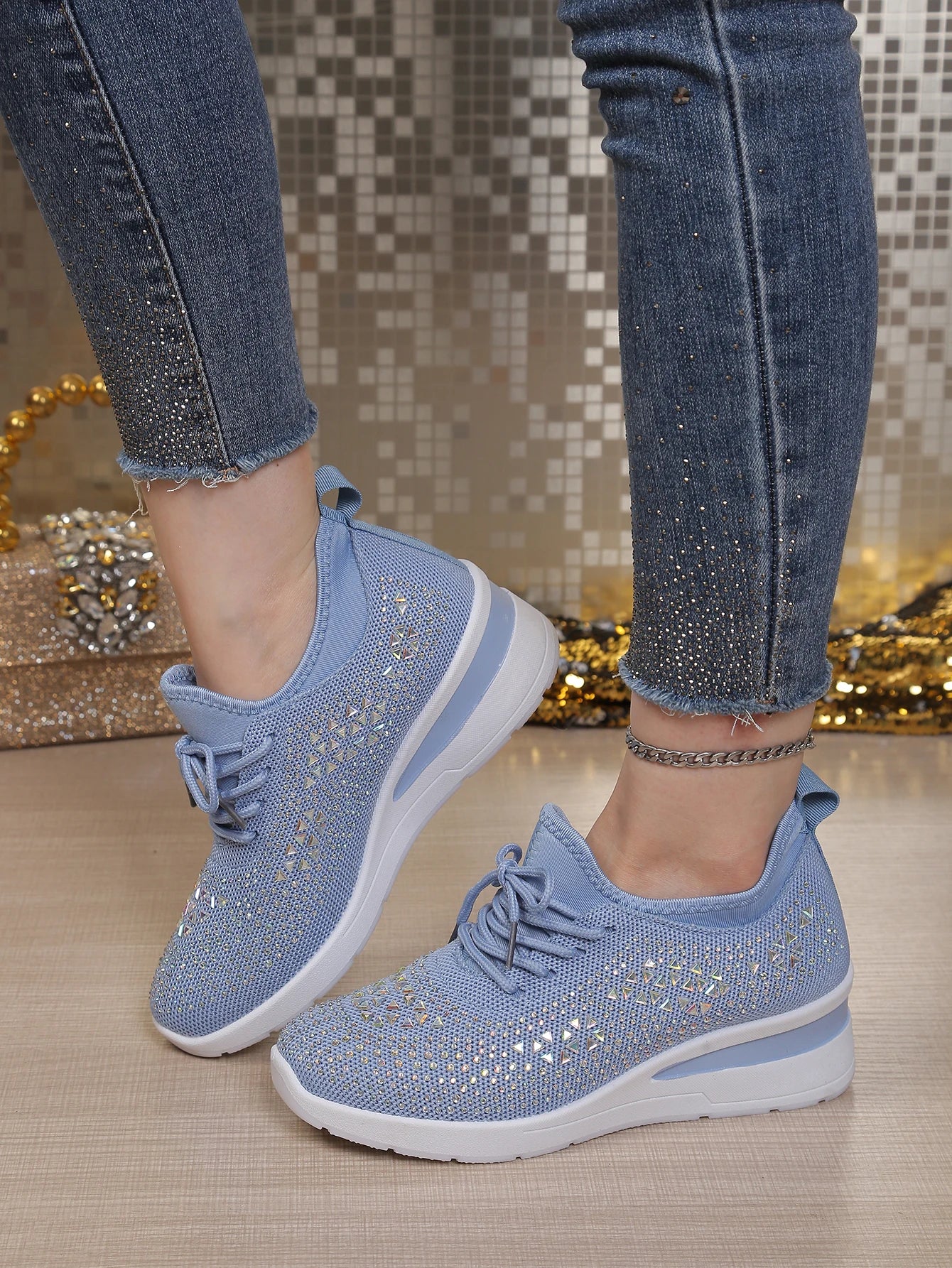 Women's Rhinestone Embellished Knit Mesh Wedge Sneakers, Adjustable Lace-Up Closure, Daily Walking Casual Footwear Pi-Mart