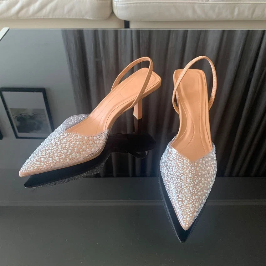 2024 Fashion Summer Women High Heels Pearl Decoration Slingback Woman Pumps Pointed Toe High Heels Sandals Elegant Woman Shoes LadyShow.Store