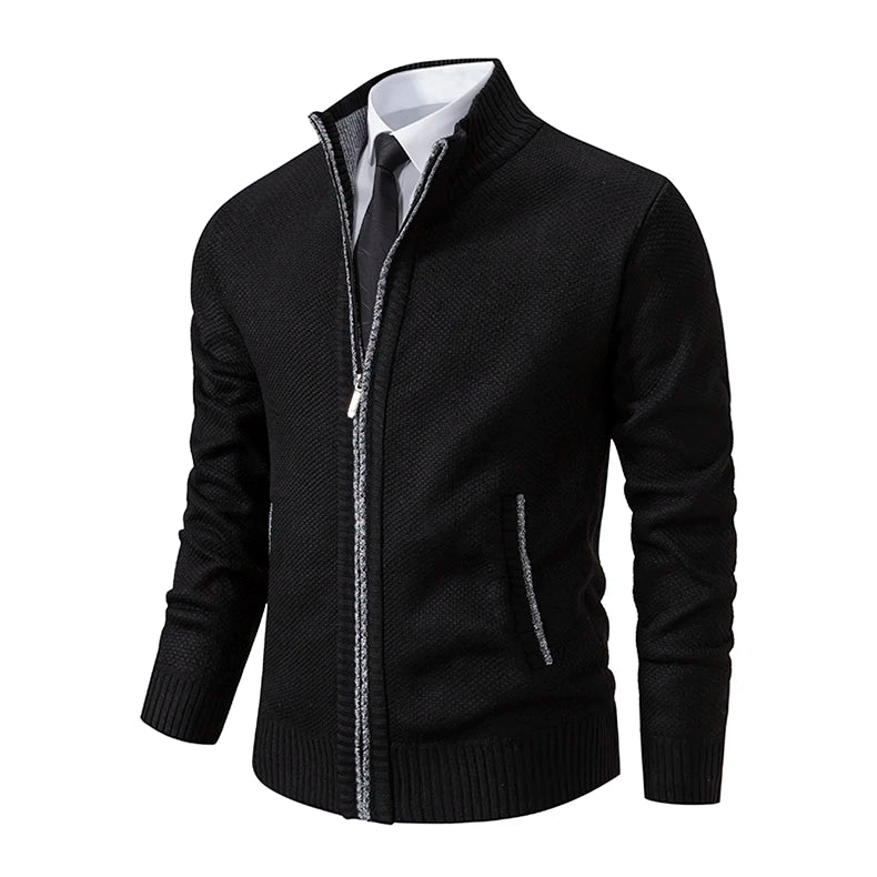 Autumn And Winter New Jersey Men's Casual Sports Coat Solid Color Stand Collar Wweater Grab Fleece Warm Zipper Cardigan Pi-Mart