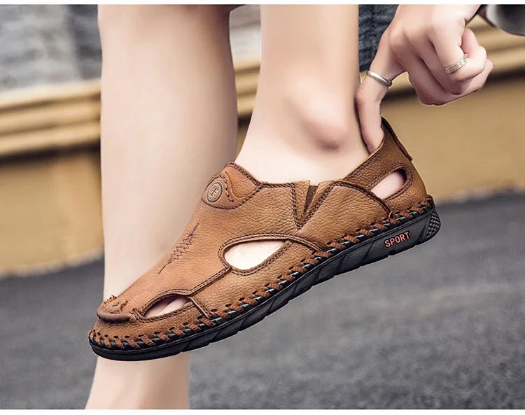 Summer Men Sandals Genuine Leather Mens Casual Shoes Outdoor Men Leather Sandals for Men Beach Shoes Roman mens Shoes Pi-Mart