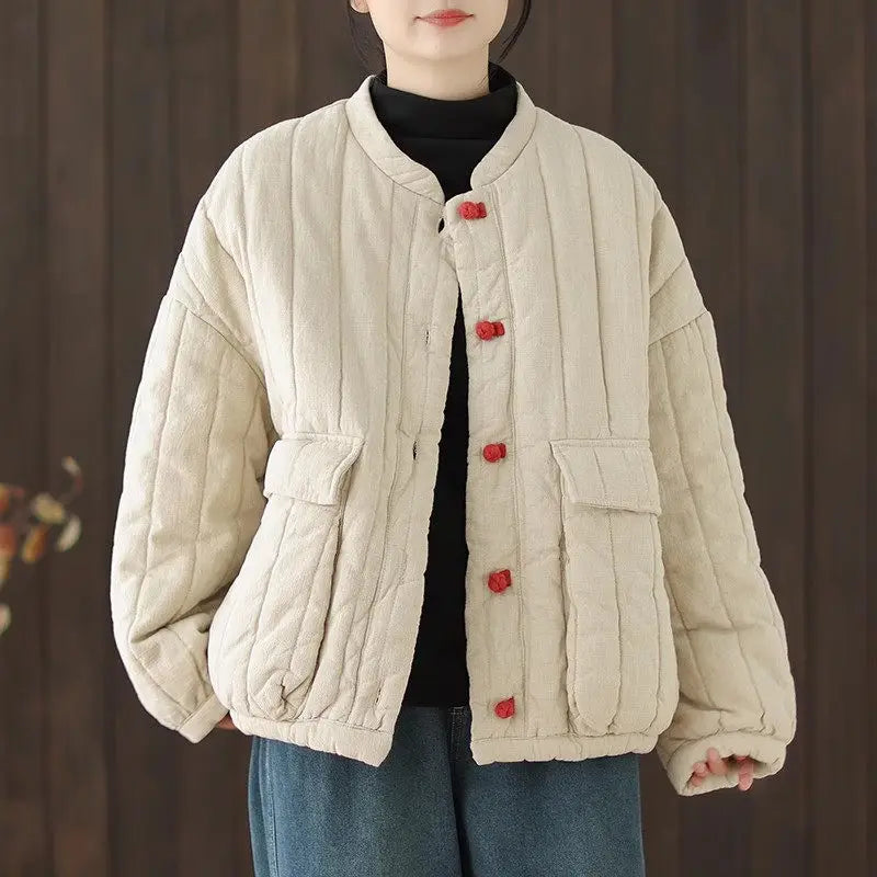 Cotton And Linen Women's Quilted Jacket 2026 New Spring Autumn Retro Chinese Style Short Thick Casual Padded Coat Top K2675 LadyShow.Store