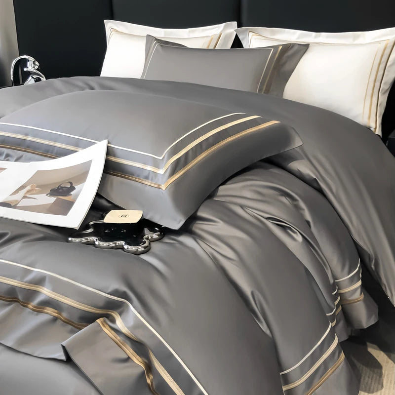 Hotel Style Bedding Set Luxury Golden Embroidery Duvet Cover Grey Egyptian Cotton Bed Sheets Pillowcases Solid Color Bedclothes Pi-Mart
