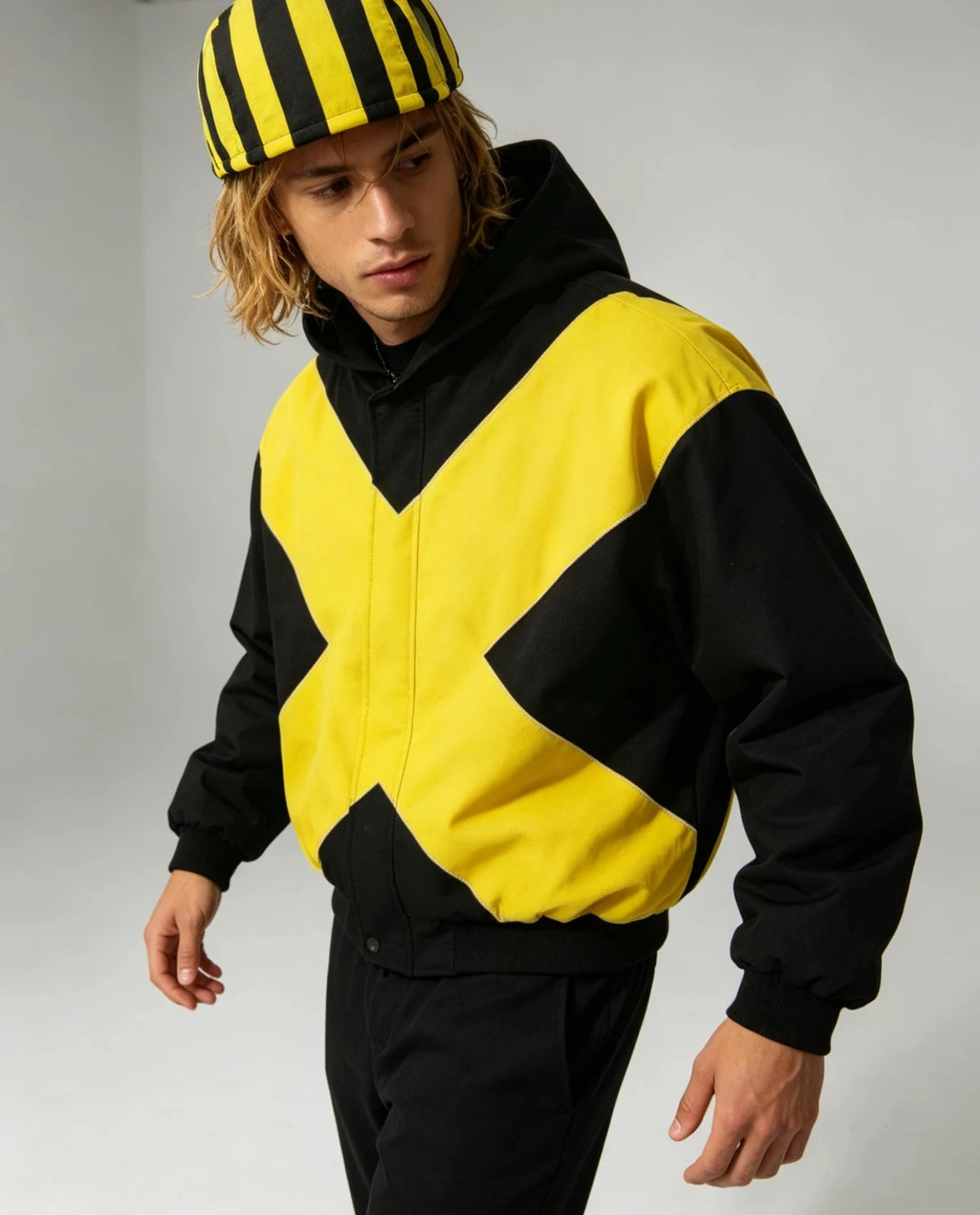 2026 American fashion brand black and yellow cross-shaped jacket high street style loose stand-up collar zipper cardigan jackett Pi-Mart
