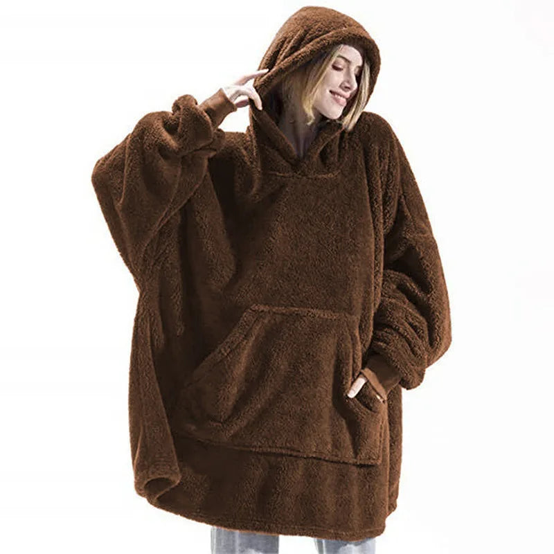 Winter Warm Unisex Double-faced Fleece Hooded Sweatshirts Casual Loose Long Thicken Pocket Pullover Batwing-sleeved Home Clothes LadyShow.Store