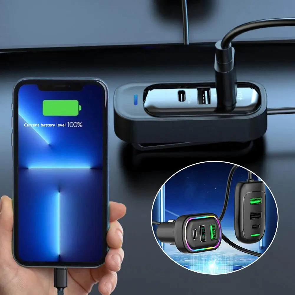 6-Ports USB Type-C Front And Rear Extension Car Charger With RGB Light PD Fast Charging Power Adapter For Iphone Tablet Pi-Mart