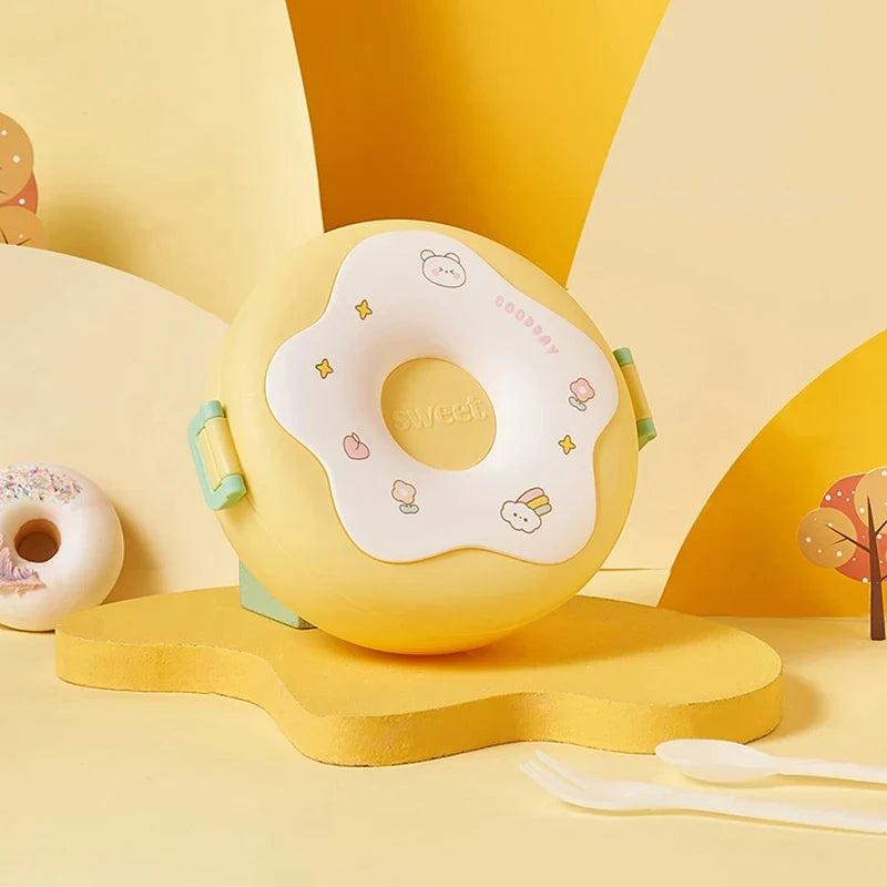 Lunch Box For Kid School Child Snack Box Donut Cartoon Leakproof Bento Box Lunch Bags With Fork Spoon 3 Compartment Microwavable LadyShow.Store