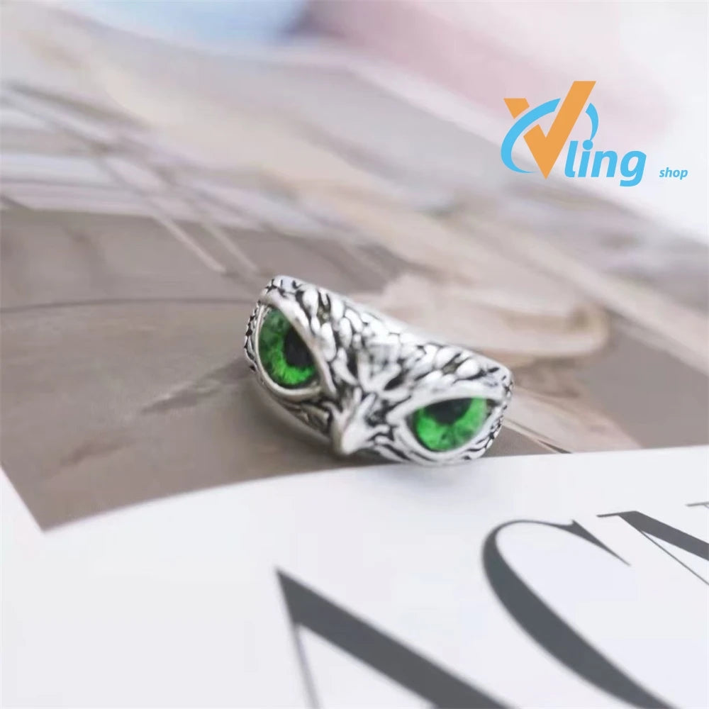 Multicolor Evil Eye Owl Adjustable Ring Antique Silver Gothic Punk Unisex Animal Finger Ring Women Men Fashion Jewelry Gift Pi-Mart